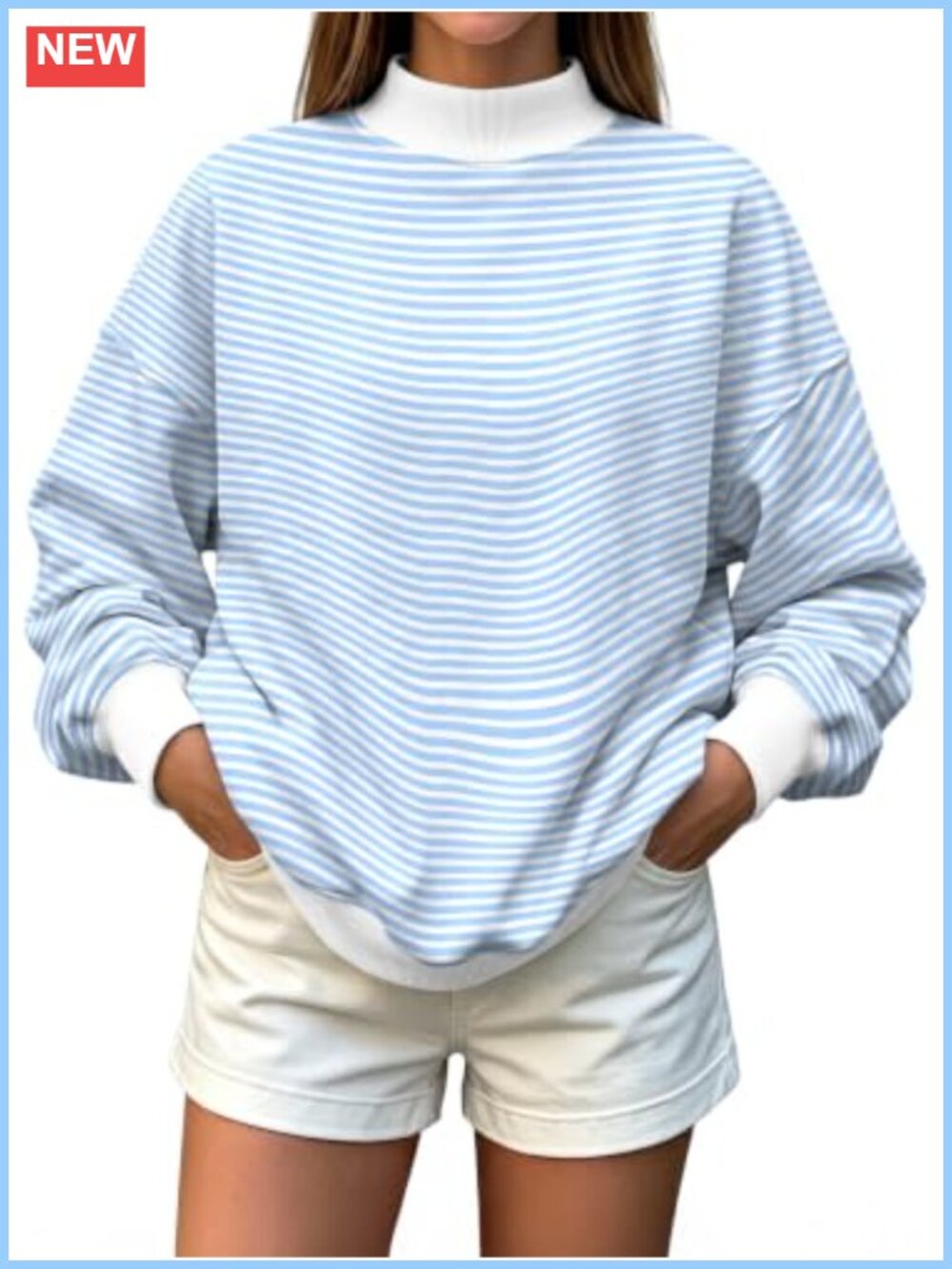Mock Neck Fleece Pullover Sweatshirt Oversized Striped Fall Top